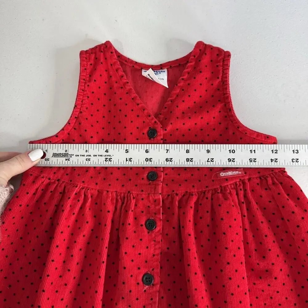 Vintage OshKosh B’gosh Dress Girl 4T Red Polka Dot Corduroy Button Cottage Retro